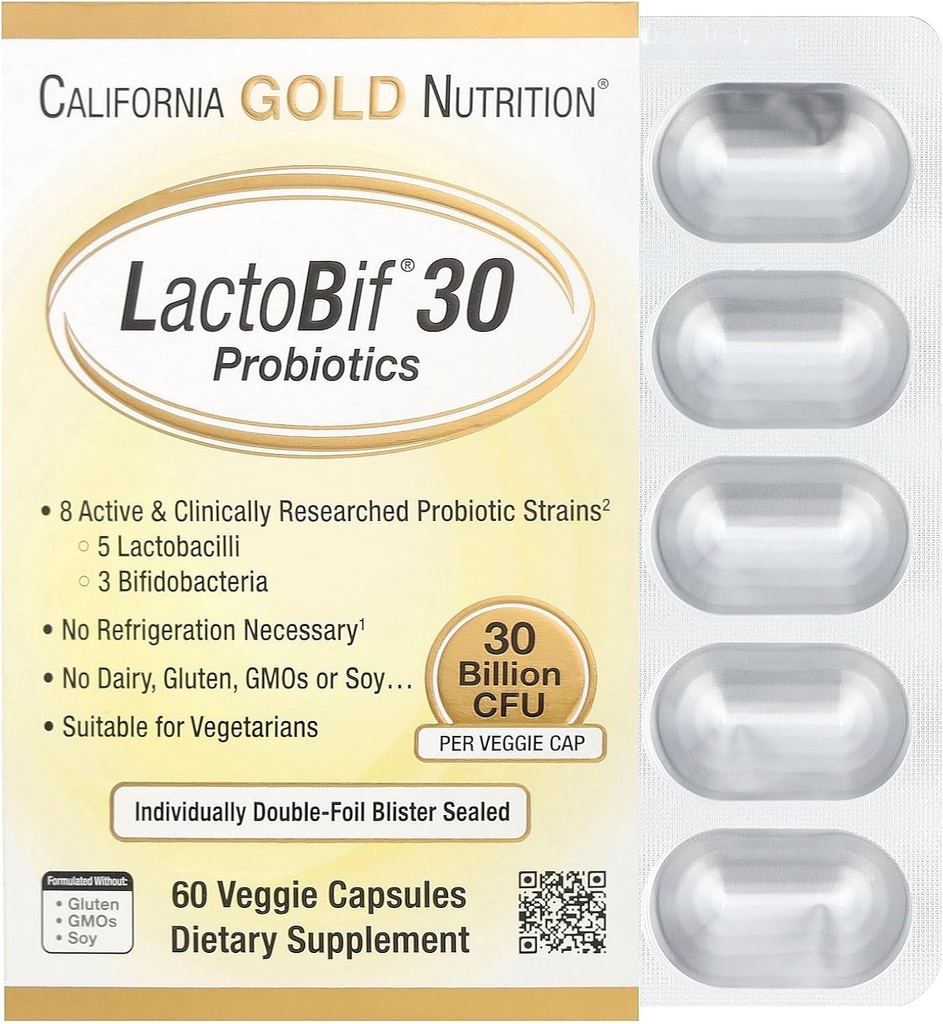 California Gold Nutrition LactoBif ® 30 Probiotics, 30 מיליארד CFU, 60 קפסולות Veggie