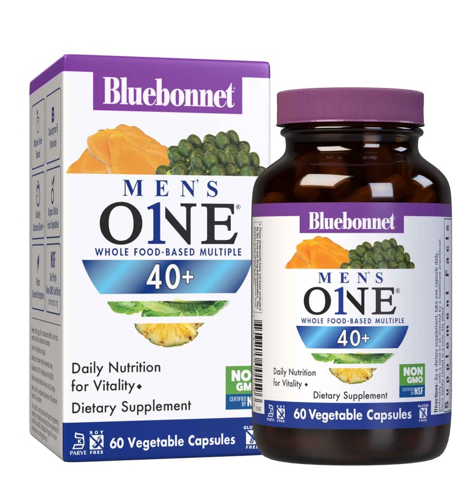 Bluebonnet Nutrition Mens One 40+ Whole Food Based Multiple, Men Multivitamin for Men 40+, Soy-Free, non-GMO, Gluten Free, Kosher, 60 קפסולות ירקות, 60 משרתים