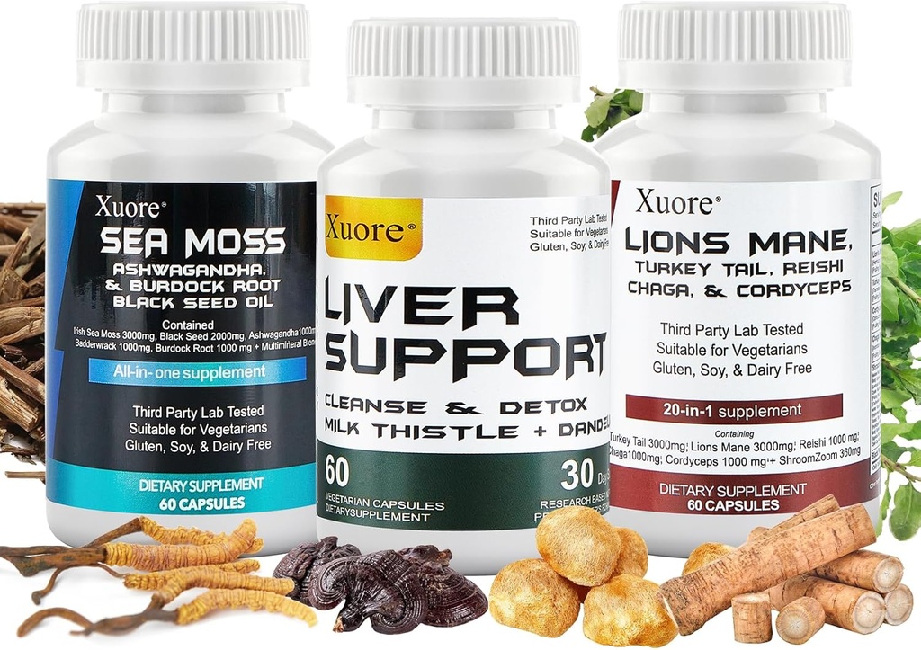 Sea Moss, Black Seed Oil,Mushroom & Herb Supplement with Lions Mane, Turkey Tail, Reishi, Cordyceps, Chaga,And Liver Cleanse and Detox & Repair - with Milk Thistle ,All In One Supplment (3 packages).