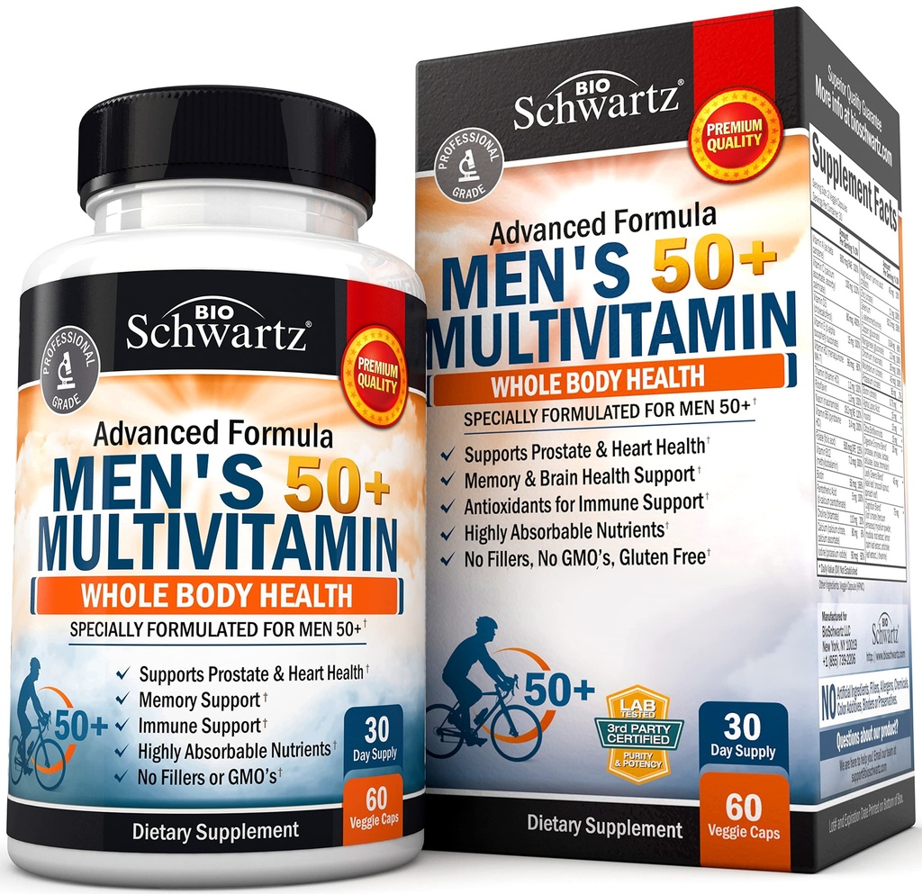 לאחר יום יומי Multivitamin עבור גברים 50 ומעלה - תוספת עבור תמיכה בריאות הלב - עם Zinc, A, B, C, D3, ויטמין E - עבור זיכרון ובריאות המוח - מיועד לבריאות הגוף כולו - 60 הרוזן