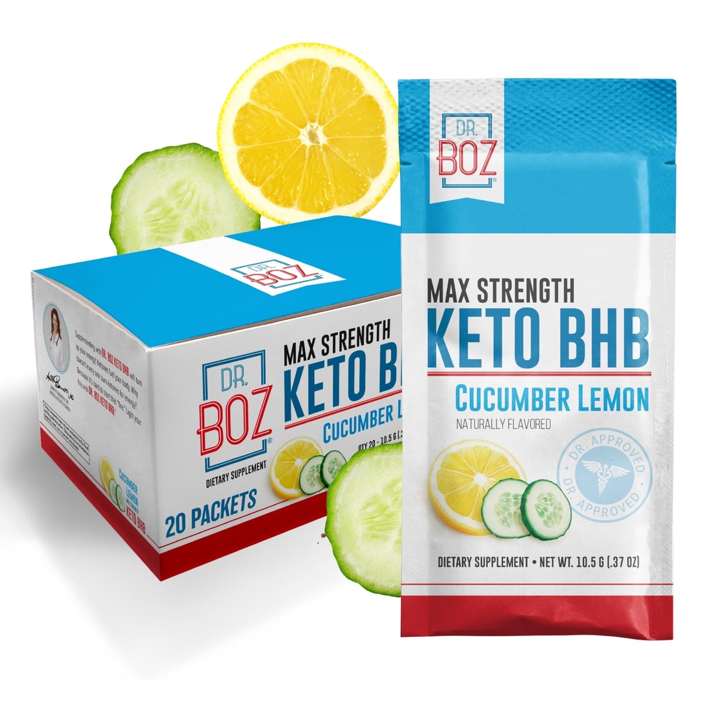 Dr. Boz - Keto BHB Powder - Cucumber Lemon, 20 Packets - Ketones Drink - Increase Energy & Reduce Cravings - Max Strength Dietary Supplement - Quality Tested - Made in The USA - 7.4oz (210g)