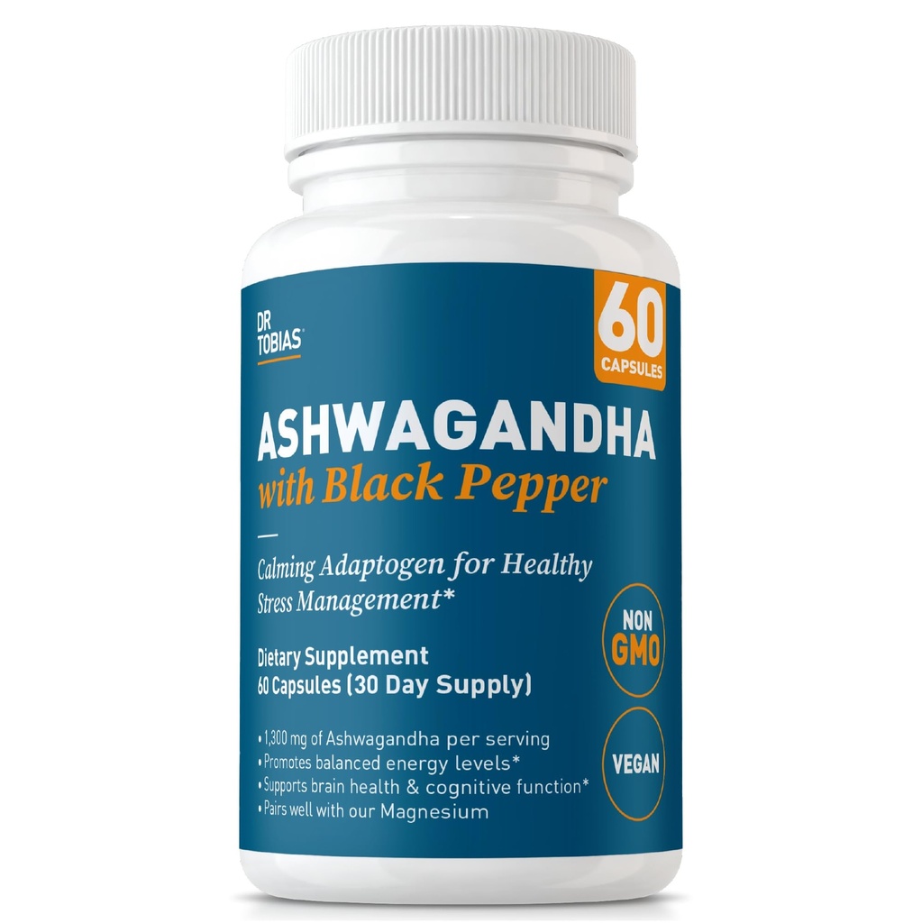 ד"ר טוביאס אשוגנדה קפסולות, 1300 מ"ג אורגני Ashwagandha Root Extract פרי לשרת עם Black Pepper, Calming Fitogen, Energy & Focus תוסף, 60 קפסולות צמחוניות
