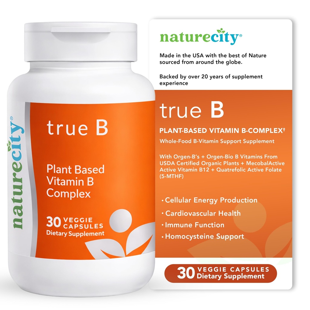 NatureCity True-B Plant-B Plant-based Super B ויטמין Complex Supplement | Made from Certified Organic Whole Food Plants with Active Folate and ויטמין B12 - (30 Veggie כמוסות)