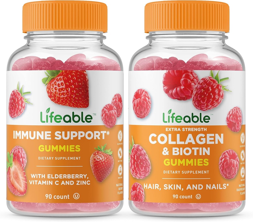 Immune Support + Collagen & Biotin, Gummies Bundle - גדול Tasting, ויטמין תוסף, Gluten Free, GMO חינם, Chewable Gummymy