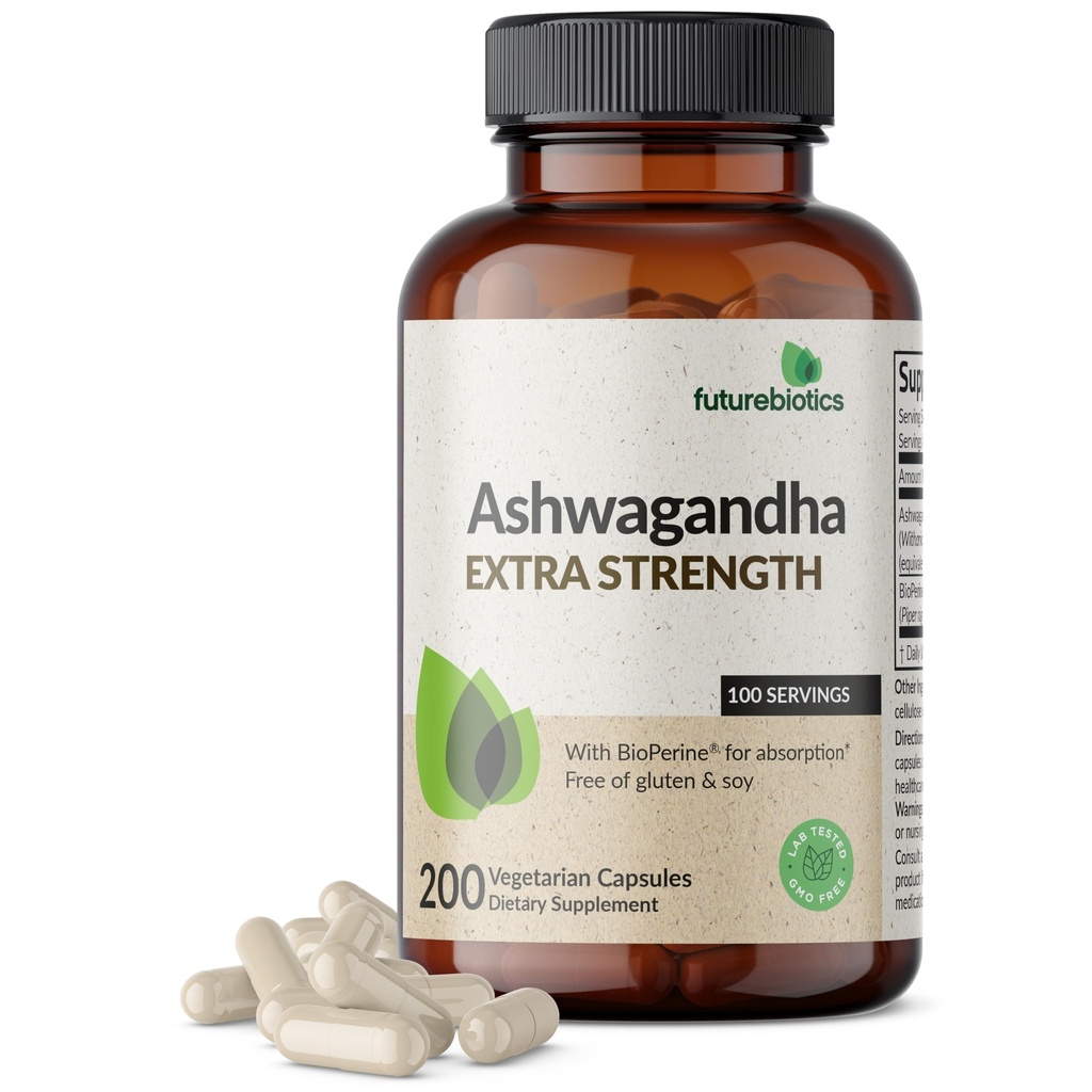 Futurebiotics Ashwagandha תוספת מתח נפשי ותמיכה עם BioPerine - Non GMO פורמולה, 200 קפסולות צמחוניות