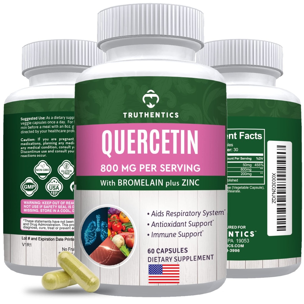 TRUTHICS Quercetin עם Bromelain ו- Zinc 1050 מ"ג - Premium Zinc Quercetin תוספי Immune, Respiratory & Seasonal Support - Non-GMO, Gluten Free - 60 ווג'י קפסולות