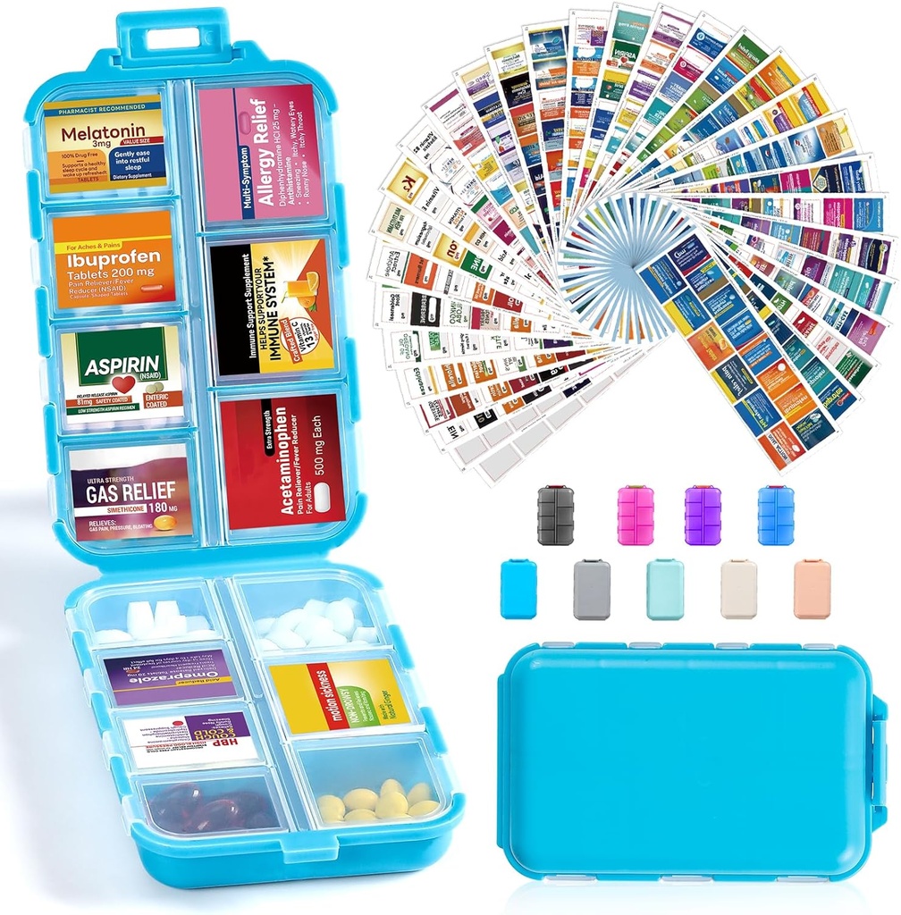 14 Grids Travel Pill Organer Box with 415-Pcs Medicine Name Labels - Pocket Daily Pharmacy Case Container Kit - Travel Holder Dispenser for Fish Oil Storage - Blue Blue Blue Blue