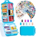14 Grids Travel Pill Organer Box with 415-Pcs Medicine Name Labels - Pocket Daily Pharmacy Case Container Kit - Travel Holder Dispenser for Fish Oil Storage - Blue Blue Blue Blue