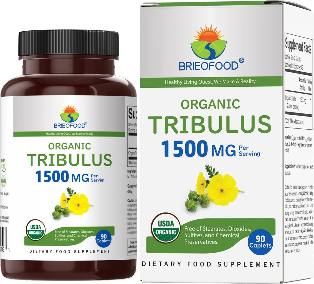 Brieofood אורגני Tribulus 1500 מ"ג, 45 משרתים, Vegetarian Gluten Free, 90 טבליות Vegetarian
