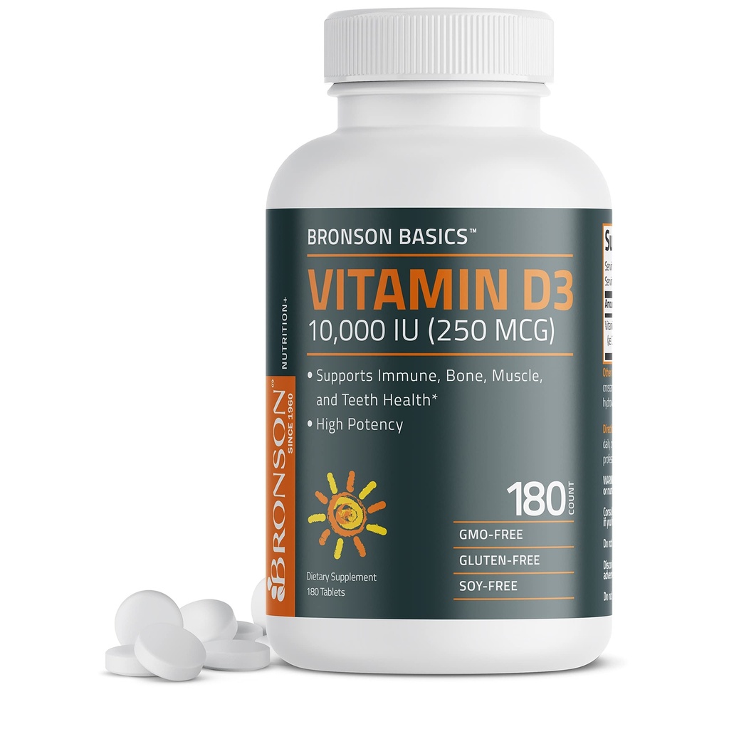 Bronson ויטמין D3 10,000 IU (250 MCG) לתפקוד שרירים בריא ותמיכה חיסונית, Non-GMO, 180 טבליות