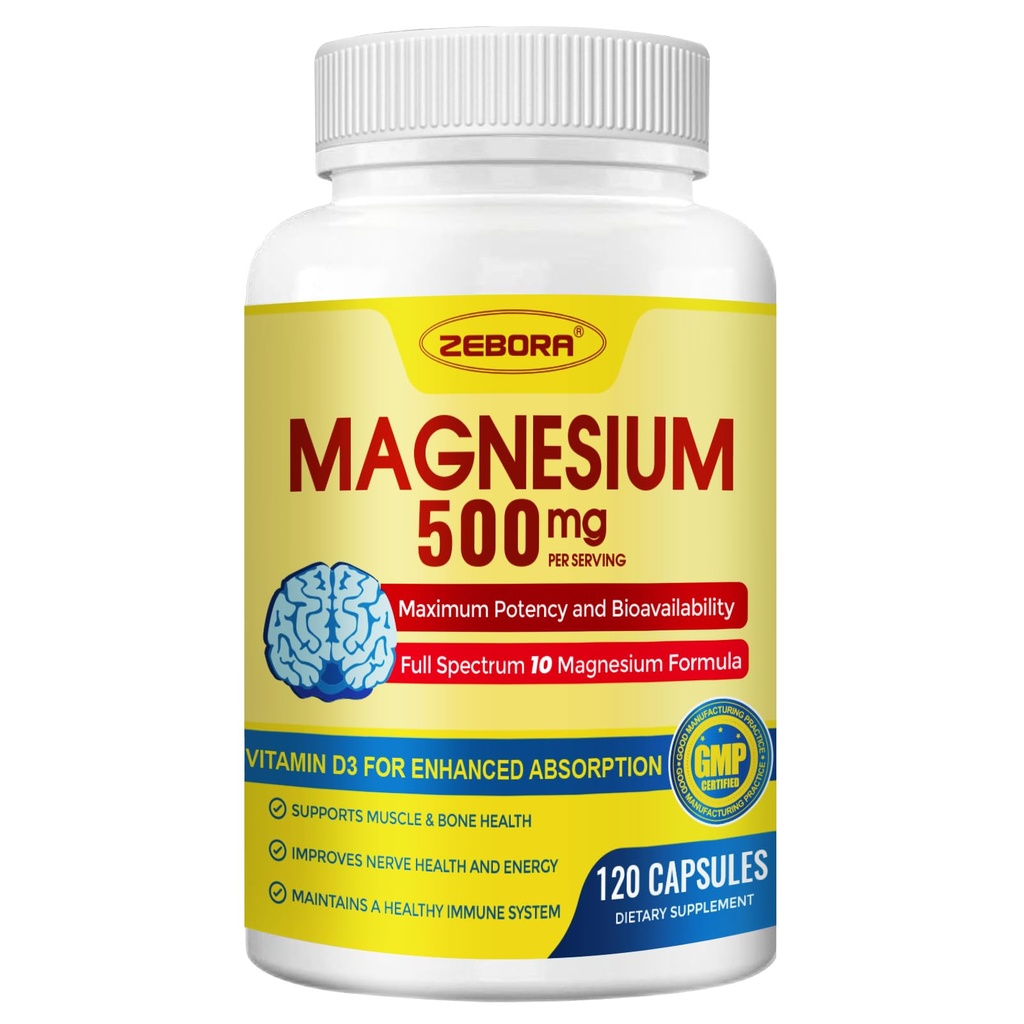 10in-1 Magnesium Complex תוסף, Magnesium Glycinate 500 מ"ג עם Citrate & Malate, Chelated High Absorption Plus D3 & Zinc - עבור Nerve, שריר ותמיכה העצם - 120 קפסולות
