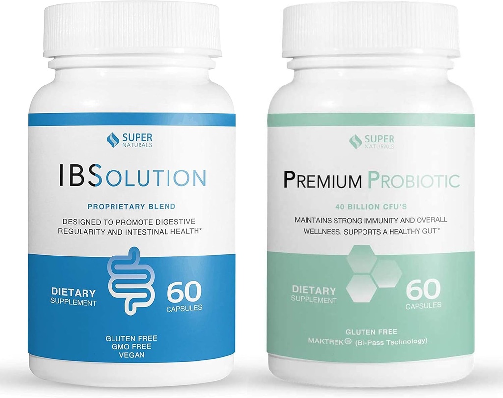 IBSolution Gut Health Bundle - All Natural Gut Health Support & Premium Probiotics w/40 מיליארד CFU לתמיכה ב- Irregular Bowels, Bloating, Constipation, Gas, Abdominal Pain - 2 Pack (120 Caps)