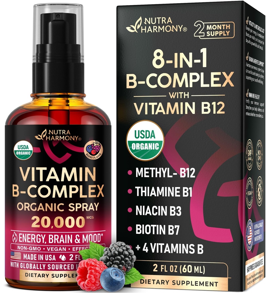 USDA אורגני ויטמין B-Complex נוזל Spray 8-in-1 - B5 Pantothenic Acid | B12 Methylcobalamin | B1 Thiamine | B6 Pyridoxine | B7 Biotin | B9 Folic | B3 Niacinamide - Made in USA, 2fl oz oz oz oz oz oz oz oz oz oz ozine | B6 B7 Biotin | B7
