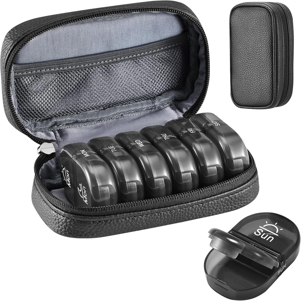 Serfeymi Travel Pill מארגנת 2 Times A Day AM PM שדרג את Black Pill Box 7 Day עם Portable Zipper PU PU PU PU PU PU PU PU PU גלולות, ויטמינים, שמן דגים - שחור 01