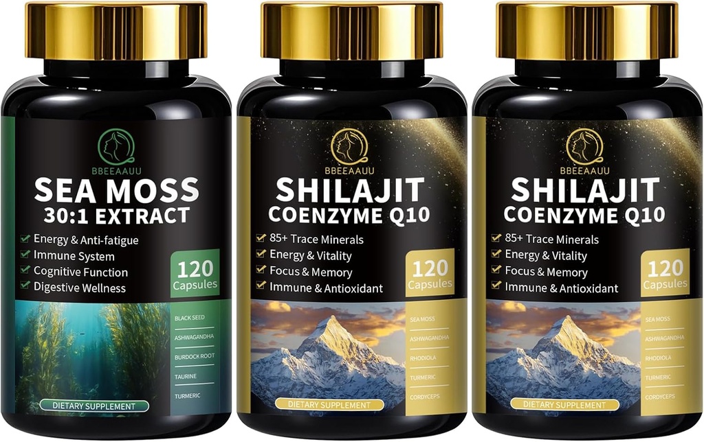 Sea Mossss ו Shilajit קפסולות לגברים ונשים, All in 1 תוספים עם Shilajit, Sea Moss, Coenzyme Q10, Black Seed, Ashwagandha, Burdock for Energy, Antioxidant & Immune Support Support.