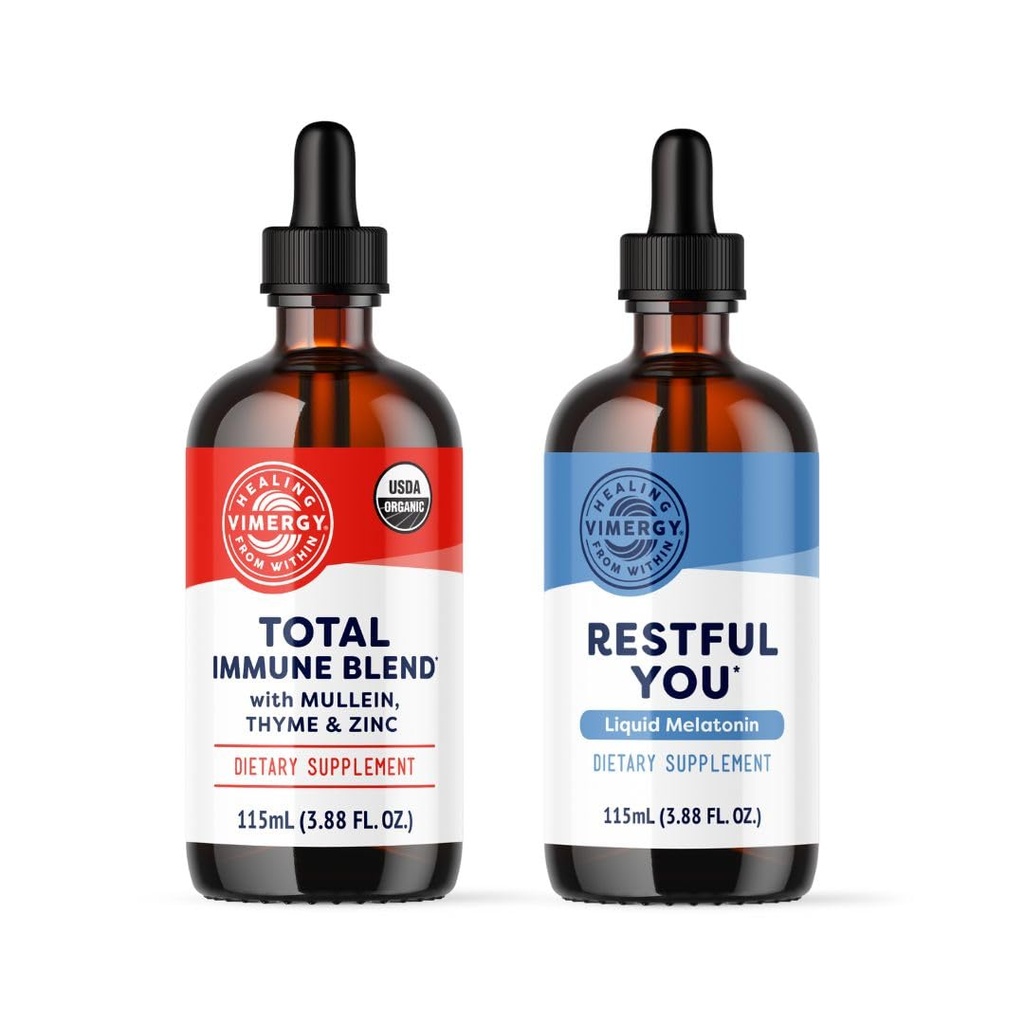 Vimergy Nighttime Fortifier Kit * - 2500 mcg Zinc, 5000 mcg Melatonin, 130 מ"ג מולליין לחלץ, 70 מ"ג Thyme Extract. תיקונים, בנייה מחדש והתחדשות של תאי החיסון במהלך השינה. טבעוני, Gluten-Free, כשר