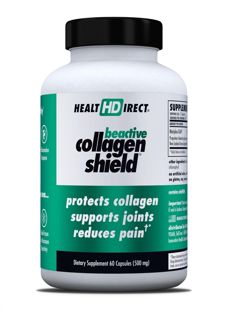 HEALTH DIRECT - BeActive Collagen Shield - 60 קפסולות - תוספת גבוהה ירוק-Lipped Mussel for Collagen Protection - תמיכה קולגן בעור, מפרקים ושרירים