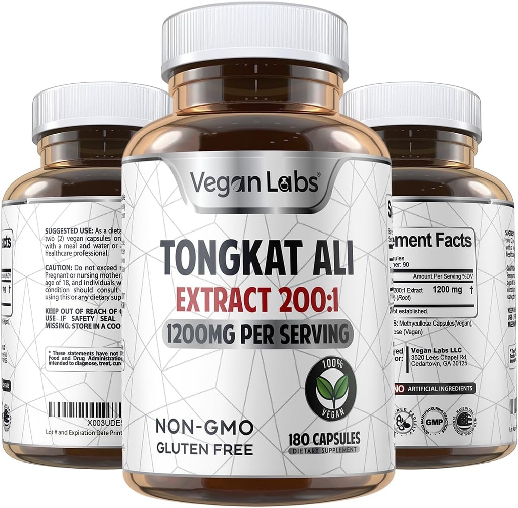 מעבדות טבעוניות טונגקאט עלי 200:1 לחלץ, 1200MG Per המשרתים - 180 קפסולות טבעוניות - תמיכה באנרגיה ו Stamina- Gluten חינם, Non-GMO Premium Quality Supplement