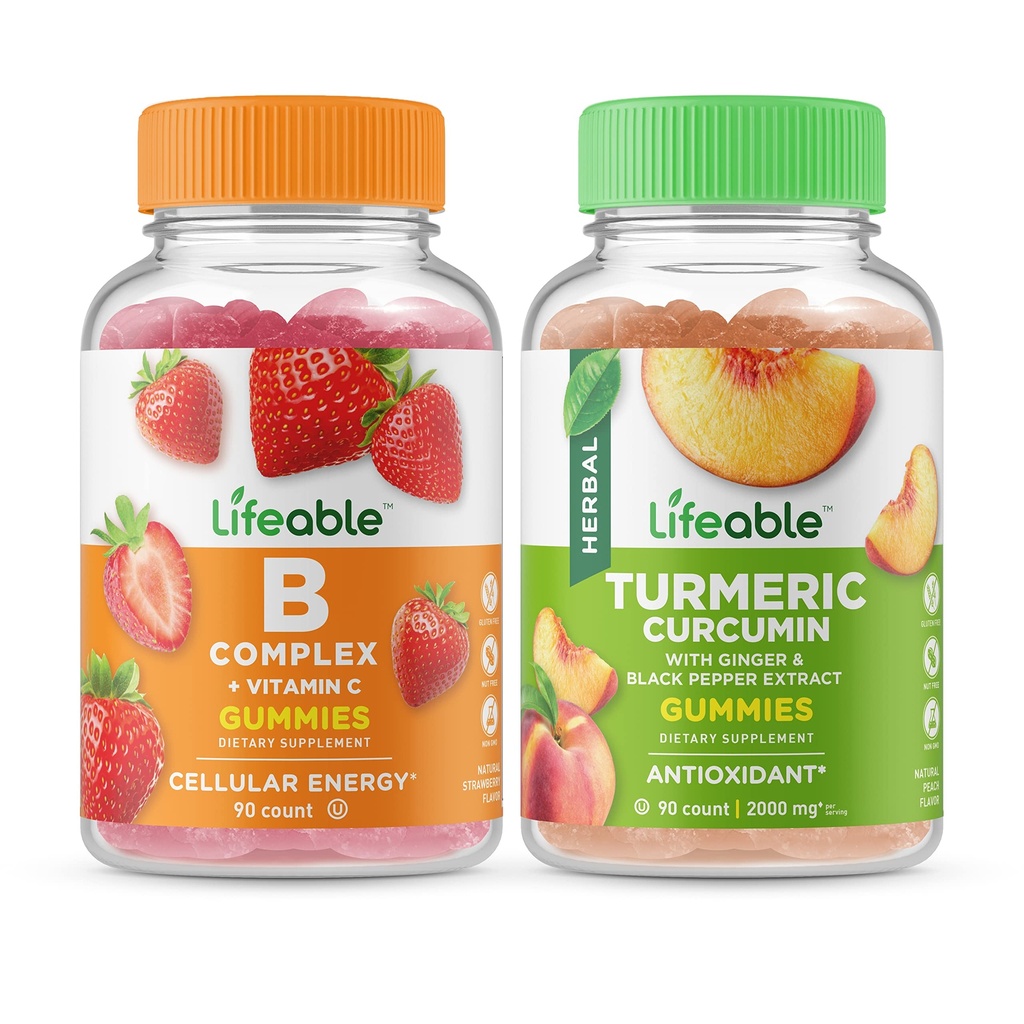 Liveable B Complex + Turmeric Curcumin, חניכיים Bundle - גדול Tasting, ויטמין תוסף, Gluten חינם, GMO חינם, Chewable