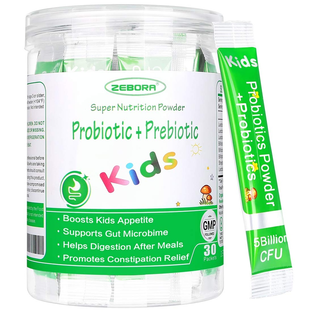ZEBORA Kids Probiotic & Prebiotics אבקת גיל 3 תמיכה מערכת העיכול והחיסון של ילדים עם מקור טבעי, מקדם הקלה של Constipation, non-GMO, Gluten-Free, 30 Packets עם 5 מיליארד CFUs