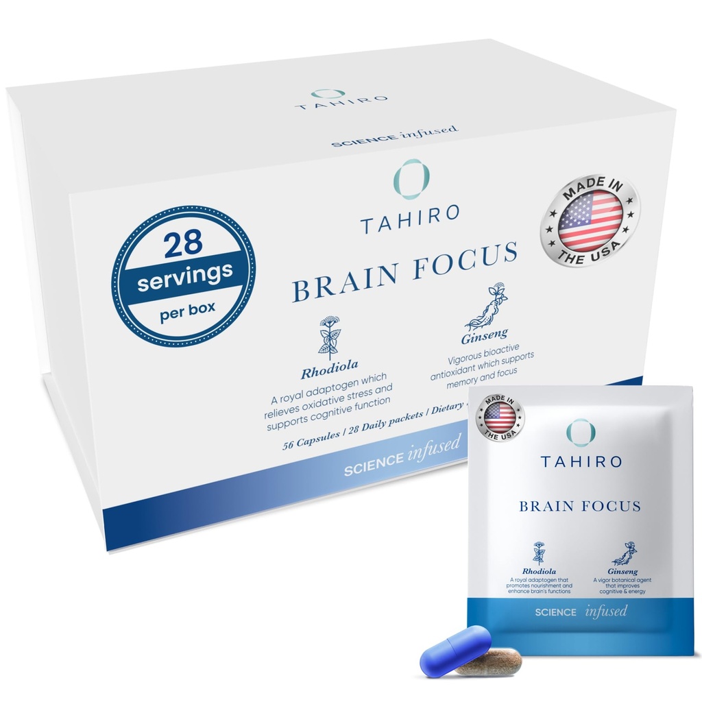 TAHIRO Brain Focus תוסף - תוספי המוח עבור זיכרון והתמקדות - תוסף תמיכה טבעית עם Gingko Biloba, Panax גינזנג, Herbal Extracts - Non-GMO טבעוני המוח Booster - 28-Packets