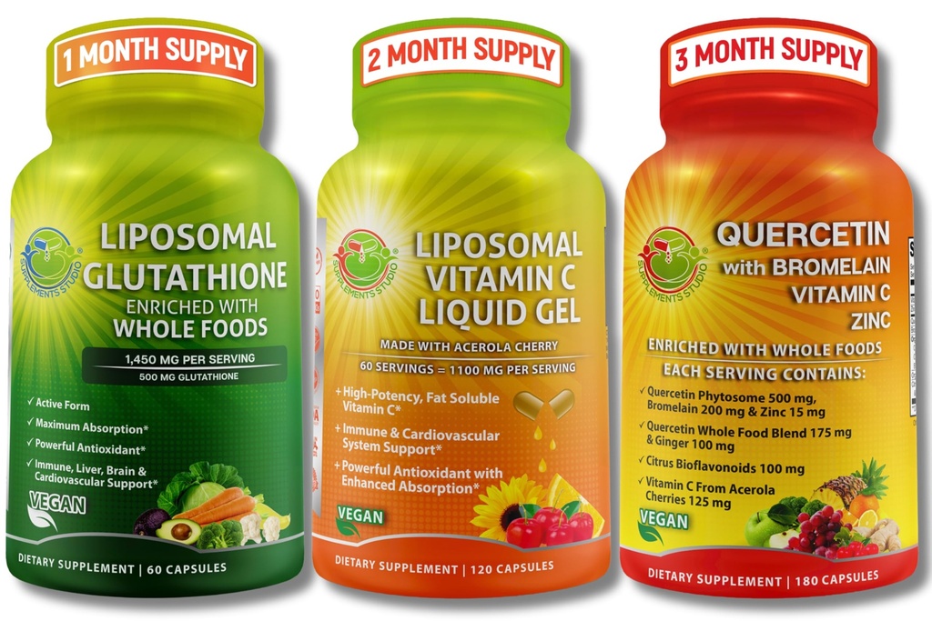 Daily Immune & Antioxidant Support Bundle - Liposomal ויטמין C 1100 מ"ג נוזלי + Liposomal Glutathione 500 מ"ג + Quercetin עם Bromelain, Zinc & Whole Food - Non-GMO, מקסימום Absorptionione 500 מ"ג + Quercetin עם Bromelain, Zinc & Whole Food Blend - Non-GMO, מקסימום Absorption
