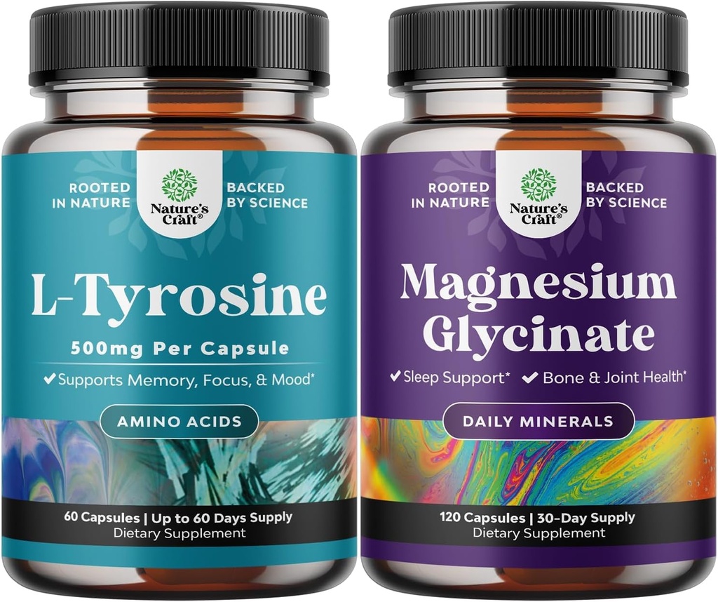 Bundle of Free Form L Tyrosine 500 מ"ג קפסולות - תוספת גבוהה עוצמה L-Tyrosine עבור אנרגיה נפשית להתמקד תמיכה Magnesium Glycinate 400 מ"ג עבור שינה Mood ורגיעה