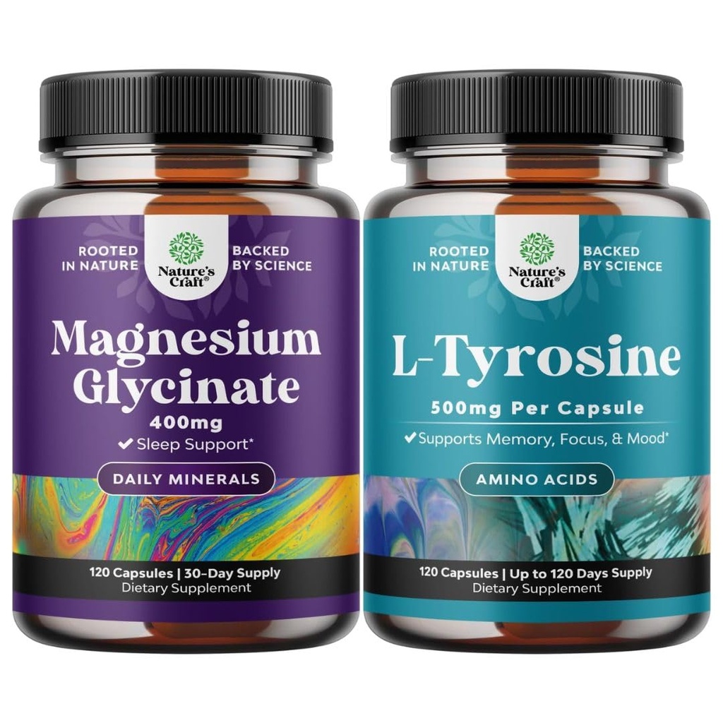 Bundle של Magnesium Glycinate 400 מ"ג קפסולות פוטנט L Tyrosine 500 מ"ג קפסולות - עבור Sleep Support עצם בריאות שריר התאוששות - Amino Acid תזונה משלימה עבור בריאות המוח שלך