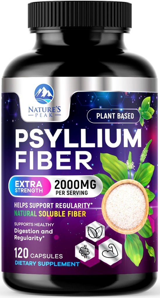 Psyllium Husk סיבים תוסף 1500 מ"ג - טבעוני Prebiotic, Soluble סיבים עבור בריאות יומית ותמיכה רגילה, אבקת Psyllium טבעי Caps, סוכר חינם, non-GMO & Gluten-Free - 120 קפסולות