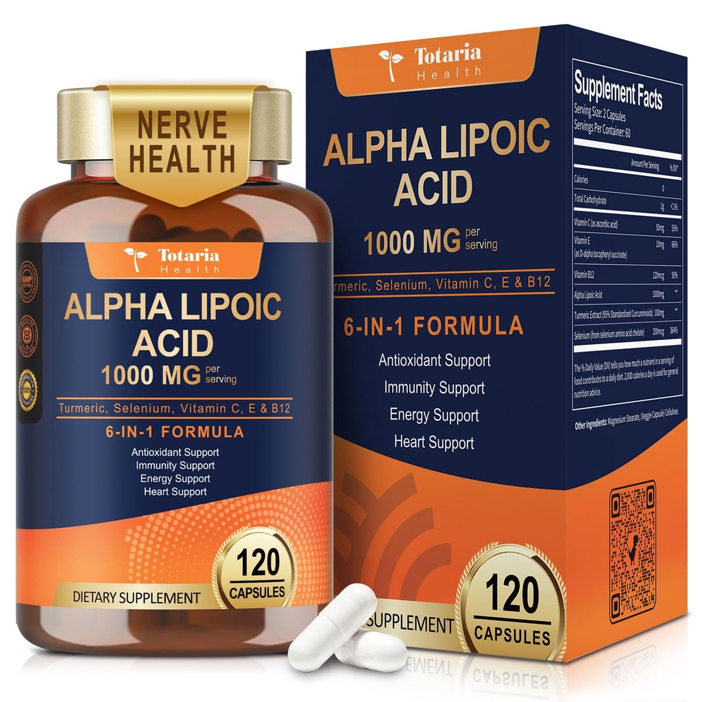 Totaria Alpha Lipoic Acid 1000mg - ALA Supplement Antioxidant for Neuropathy Support Nerve Health, Liver Detox, Antioxidant, Metabolism and Cell Energy, Anti-Aging - Non-GMO, Gluten Free, Vegan Safe