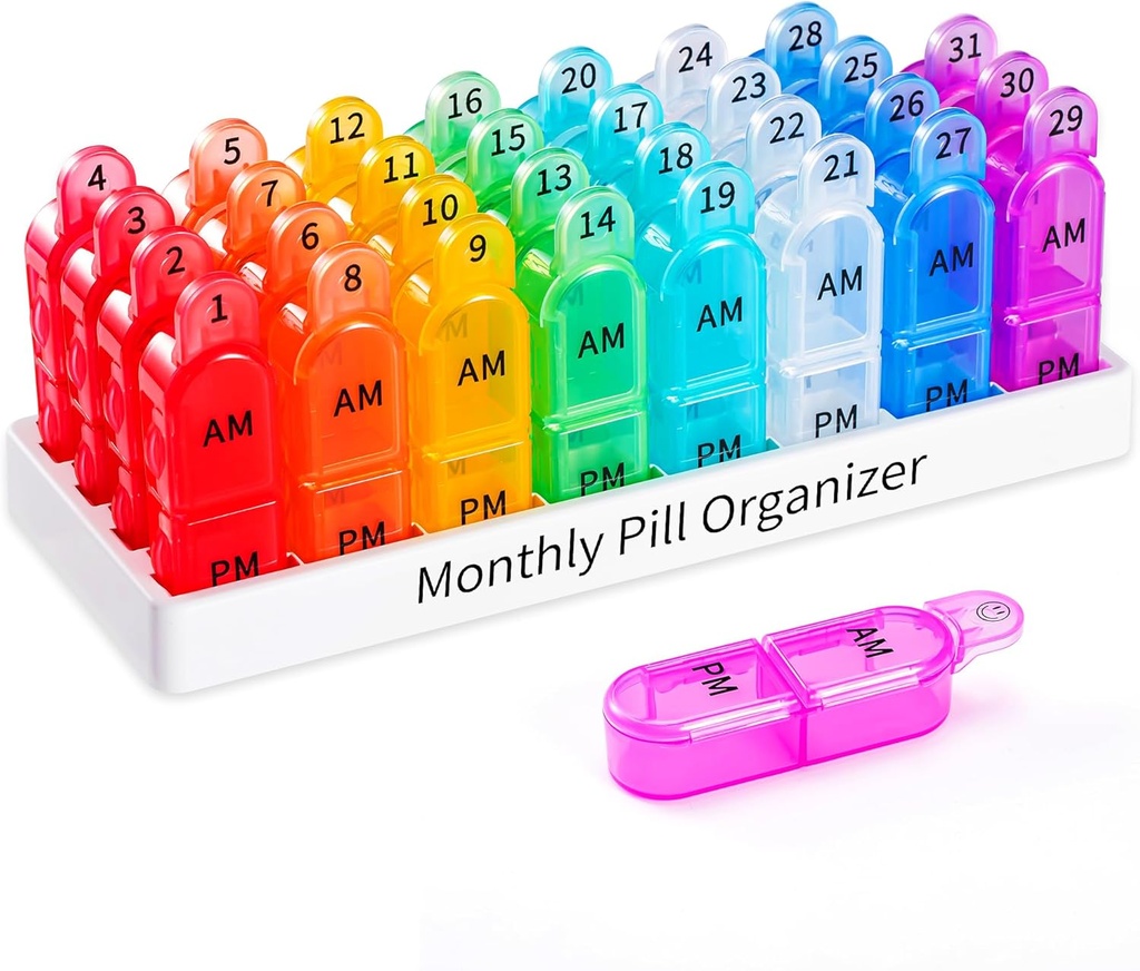 Daviky Monthly Pill מארגנת 2 פעמים ביום - 30 יום Pill Box AM PM, BPA חינם 1 חודש תרופה מארגנת פעמיים ביום, 31 ימים מקרה כדי להחזיק ויטמינים, תוספים ותרופות