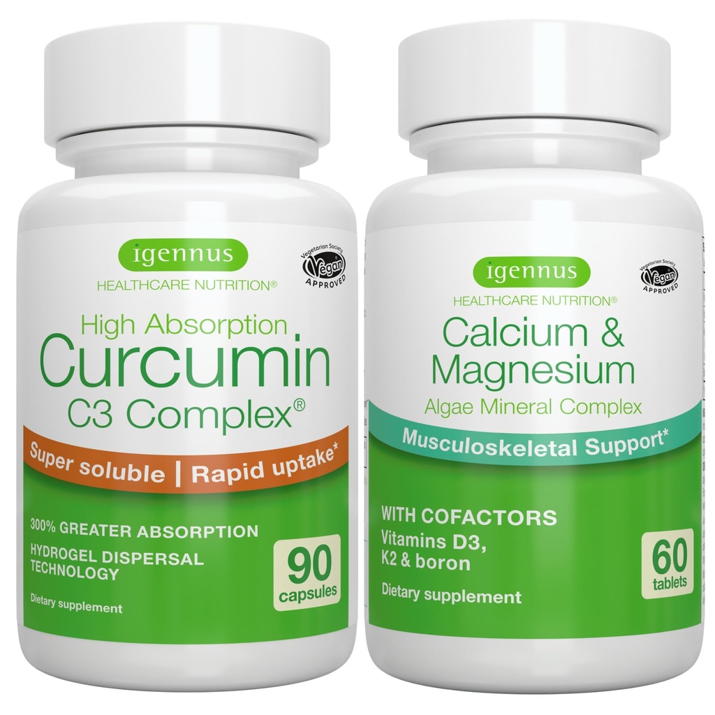 Algae Calcium & Magnesium Complex + High Absorption Curcumin C3 Complex, טבעוני Bundle עבור העצמות, Joints & Recovery מאימון, על ידי Igennus