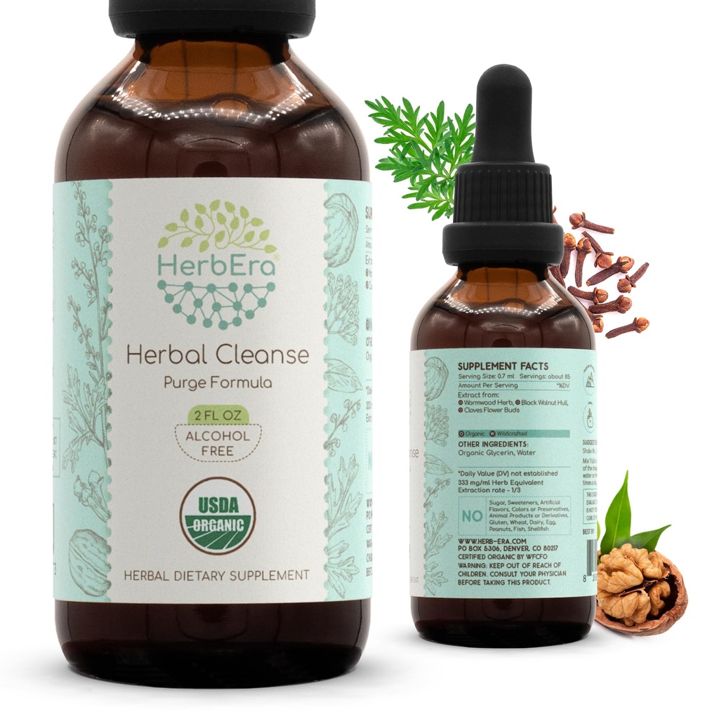 HerbEra Herbal נקה אורגני אלכוהול חינם טיקטור | Detox וניקוי פורמולה, לחלץ תוסף | אורגני Wormwood Herb, Black Walnut Hull, Cloves Flower Buds | Purge Extracts (2 oz)