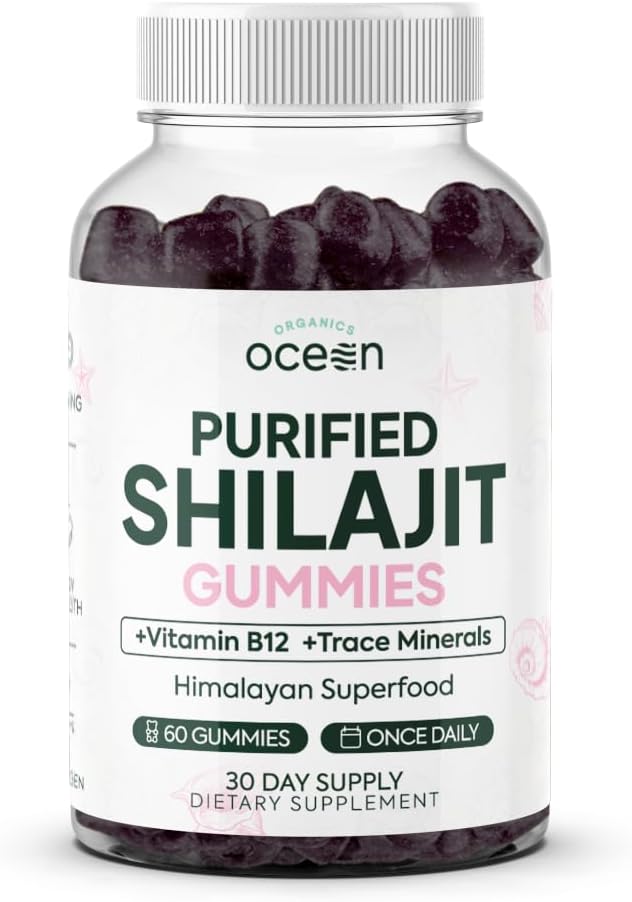 אורגנים Ocean Shilajit עבור גברים ונשים - תוספת טבעית עם ויטמין B12, Chromium ו Selenium עבור Age-Defying, אנרגיה, תמיכה הורמונלית ועוד - 60 Shilajit Gummies