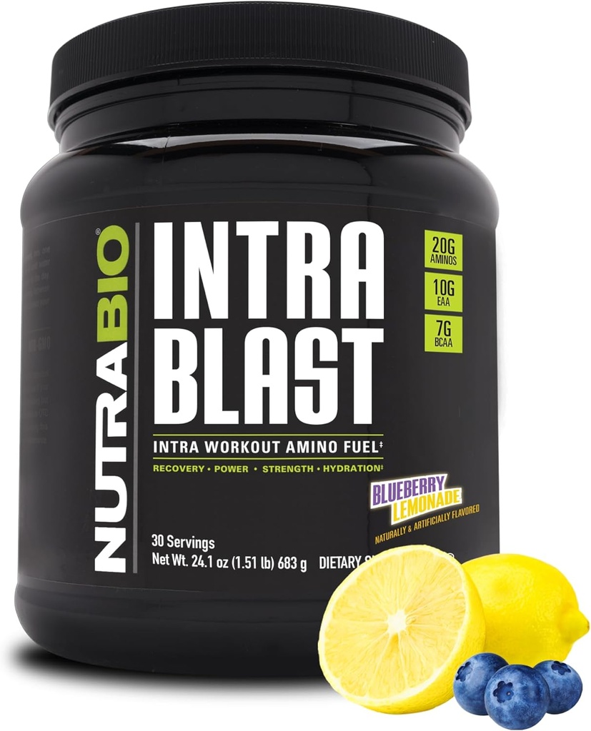 NutraBio Intra Blast Bcaa אבקת Amino Acid תוספת, אלקטרוליטה ו hydrotion בלנדר, Intra, Pre Workout & שריר התאוששות, 20g Eaa Amino Acids אבקת, 5g Glutamine- Blueberry לימונדה, 30 המשרתים, 30 המשרתים.