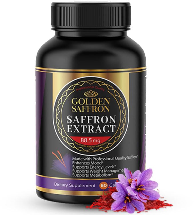 Golden Saffron Saffron לחלץ קפסולות - Premium Saffron תוספי - 88.50 מ"ג Pure Saffron Pills - Mood Support - תמיכה בעין - איזון רגשי, פוקוס ובריאות העין המיוצר בארה"ב - 60 קפסולות