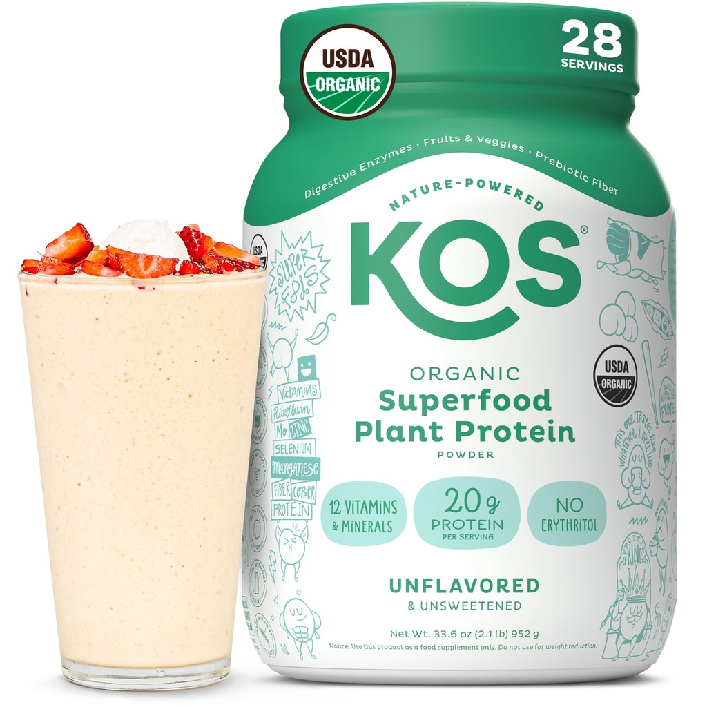 אבקת חלבון טבעוני KOS, Unflavored & Un Sweetened - Low Carb Pea חלבון בלגן, אורגני Superfood עשיר בוויטמינים & מינרלים - Keto, Soy, Free - החלפת Meal עבור נשים וגברים - 28 משרתים