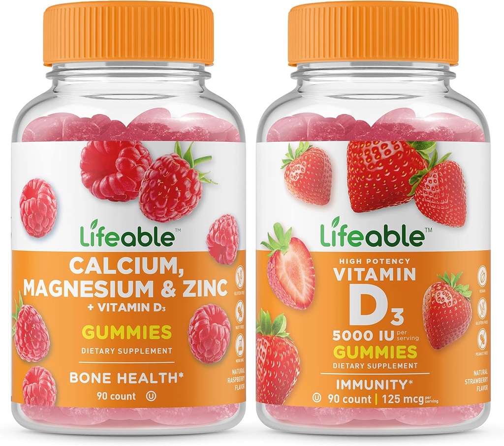 Calcium, מגנזיום, Zinc & ויטמין D + ויטמין D + 5000 IU, חניכיים Bundle - גדול Tasting, ויטמין, Gluten חינם, GMO חינם, Chewable