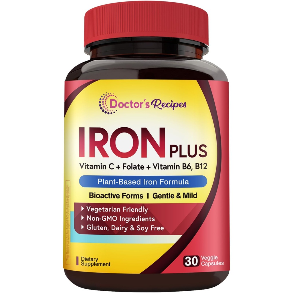 תוספי הברזל של הדוקטור לנשים גברים - Gentle Iron Bisglycinate עם ויטמין C, B6, Folate & B12 - Non-Constipating & Stomach Friendly Iron Pills for Blood & Energy Support, 30 טבעוני Caps