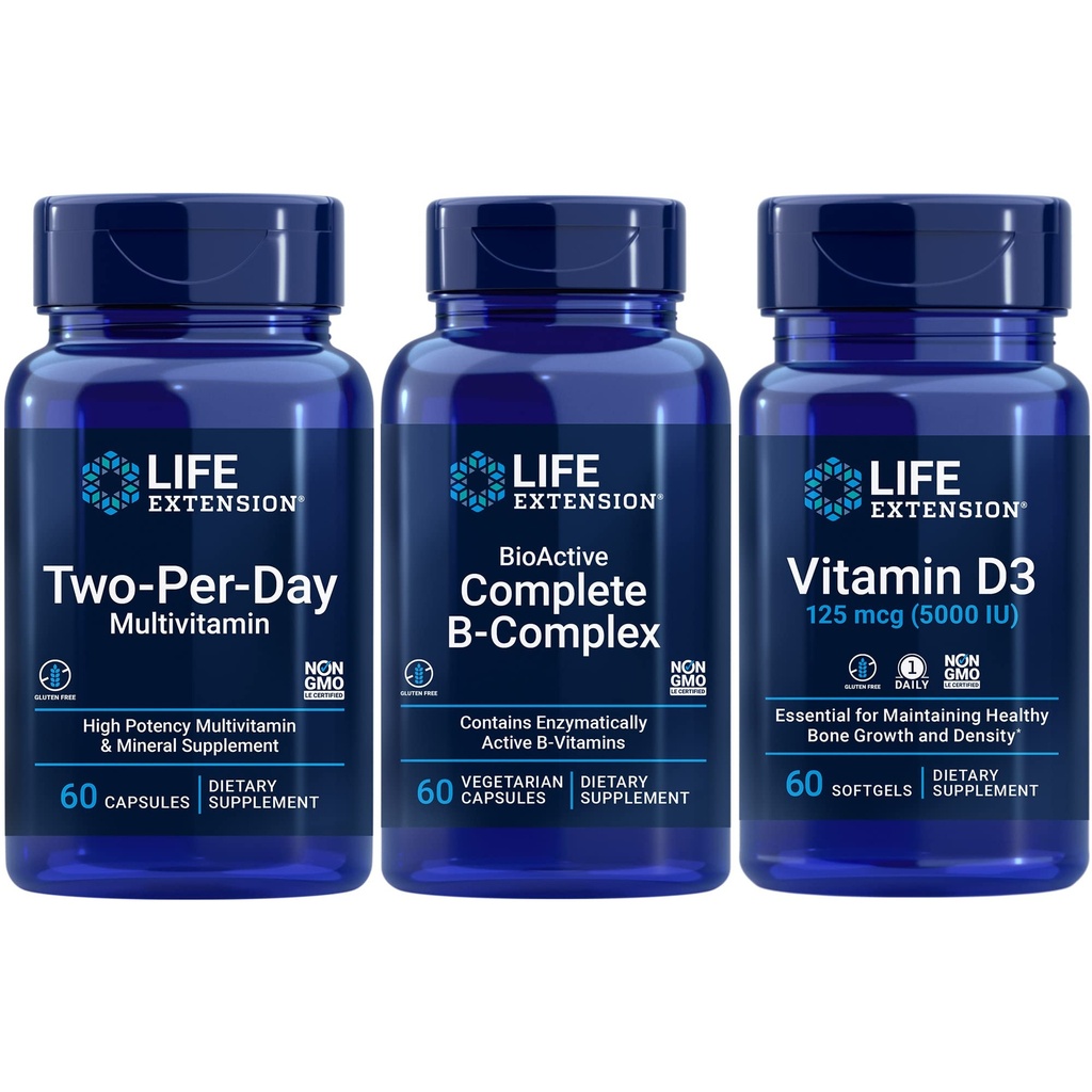 Life Extension Two-Per-Day Multivitamin, 60 קפסולות | BioActive Complete B-Complex, 60 קפסולות | ויטמין D3125 mcg (5000 IU), 60 רכות | עצמות ובריאות חיסונית, אנרגיה ומטבוליזם תמיכה תמיכה תמיכה באנרגיות