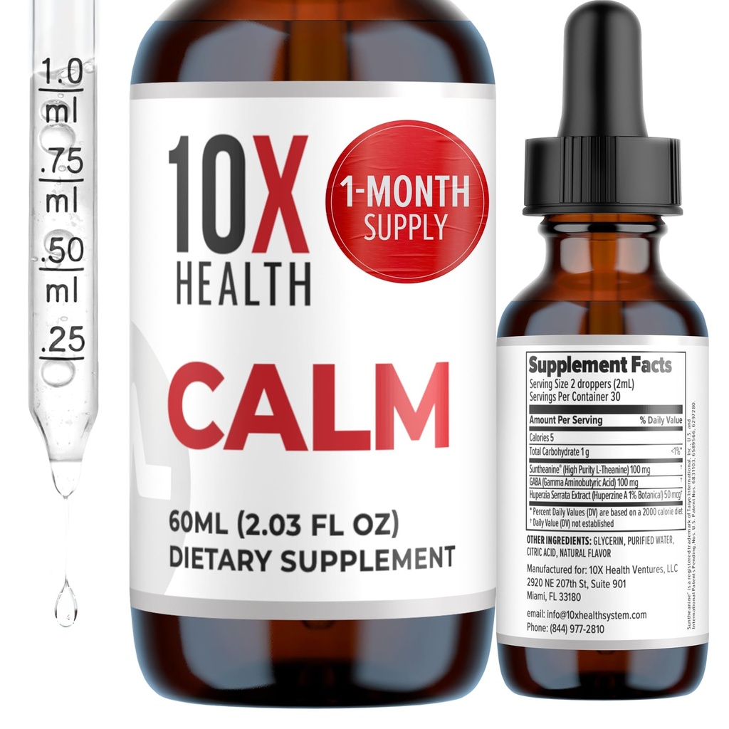 10X בריאות Calm L Theanine נוזל טיפות - 100 מ"ג L 'Theanine טיפות & 100 מ"ג GABA תוספי כדי לתמוך Nerves, Calm & Stress - Natural Flavor 2.03 Fl oz.