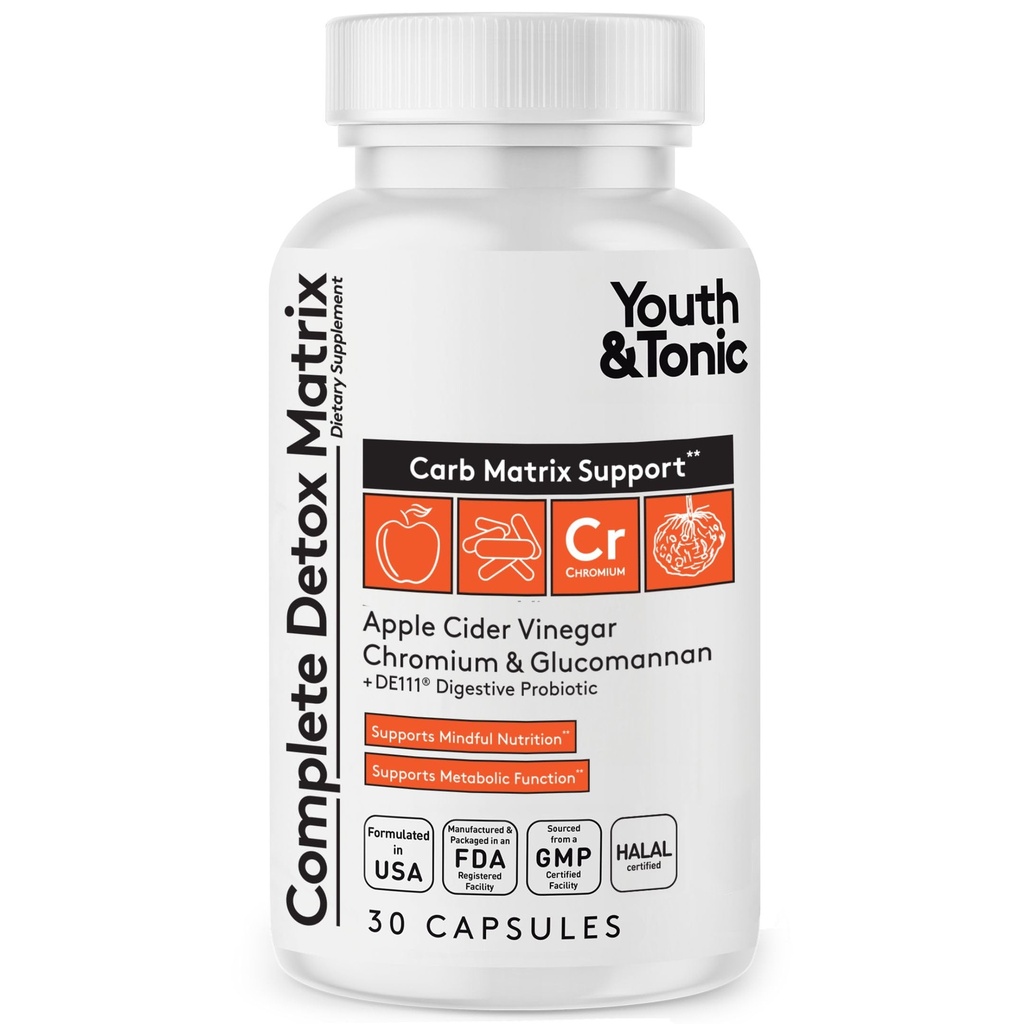 Youth & Tonic Balanced Detox Pills as Complete Gutse & Carb Matrix תמיכה עם ACV, Glucomannan, Chromium for Body Detoxing & Digestive Health, תוספת לגברים ונשים, צד שלישי נבדק