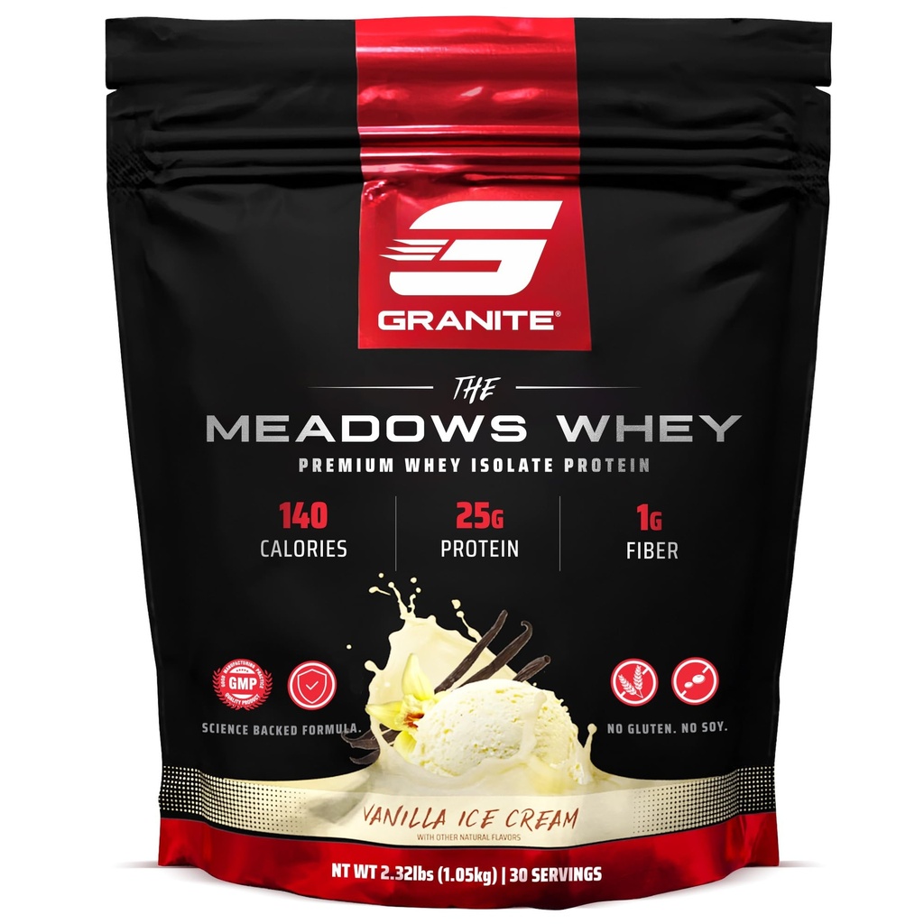 תוספי גרניט The Meadows Whey חלבון Isolate אבקת חלבון עבור שריר Lean עם 150 קלוריות, 2g סיבים, 1g סוכר (30 משרתים), Vanilla Ice Cream Flavor