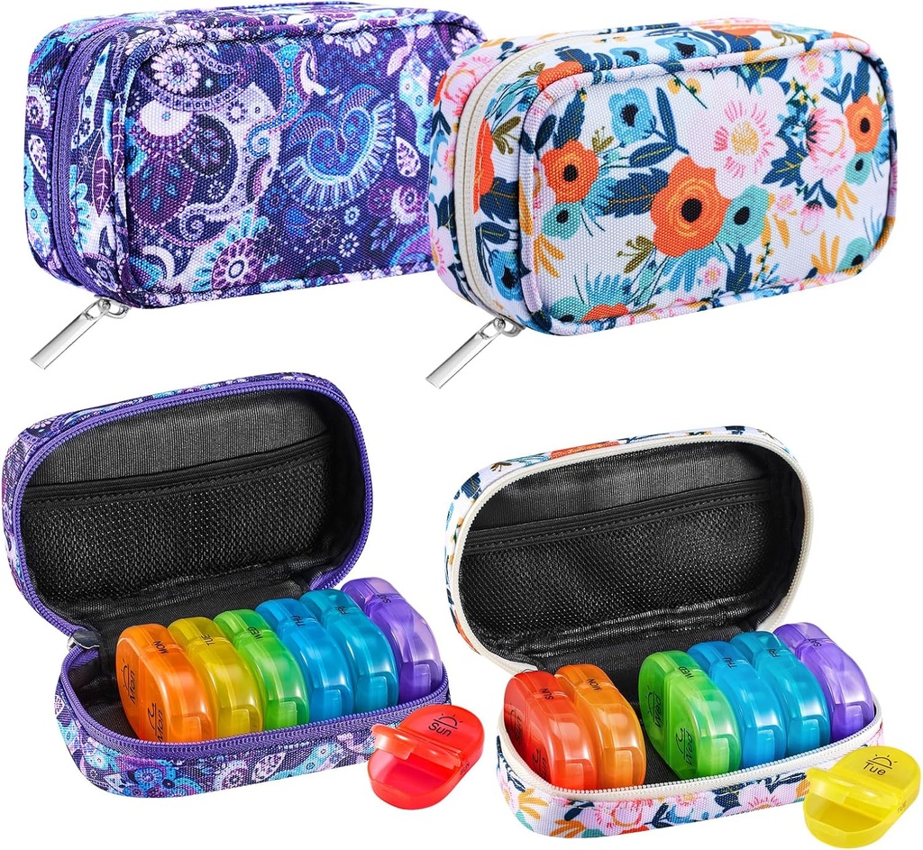 Serfeymi® Travel Pill Productionser 2 Times A Day AM PM Rainbow Box 7 Day with Zipper Canvas Pill Case, מארגנת תרופות עבור גלולות, ויטמינים, שמן דגים - סגול 01+ + 01