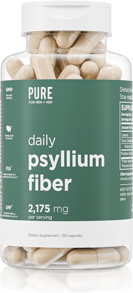 יומי Psyllium Husk סיבים תוספת על ידי טהור עבור גברים ו Pure עבור שלה | סדירות העיכול ותמיכה בריאות Gut | אבקת Soluble סיבים, 2,175mg Per לשרת | 150 קפסולות