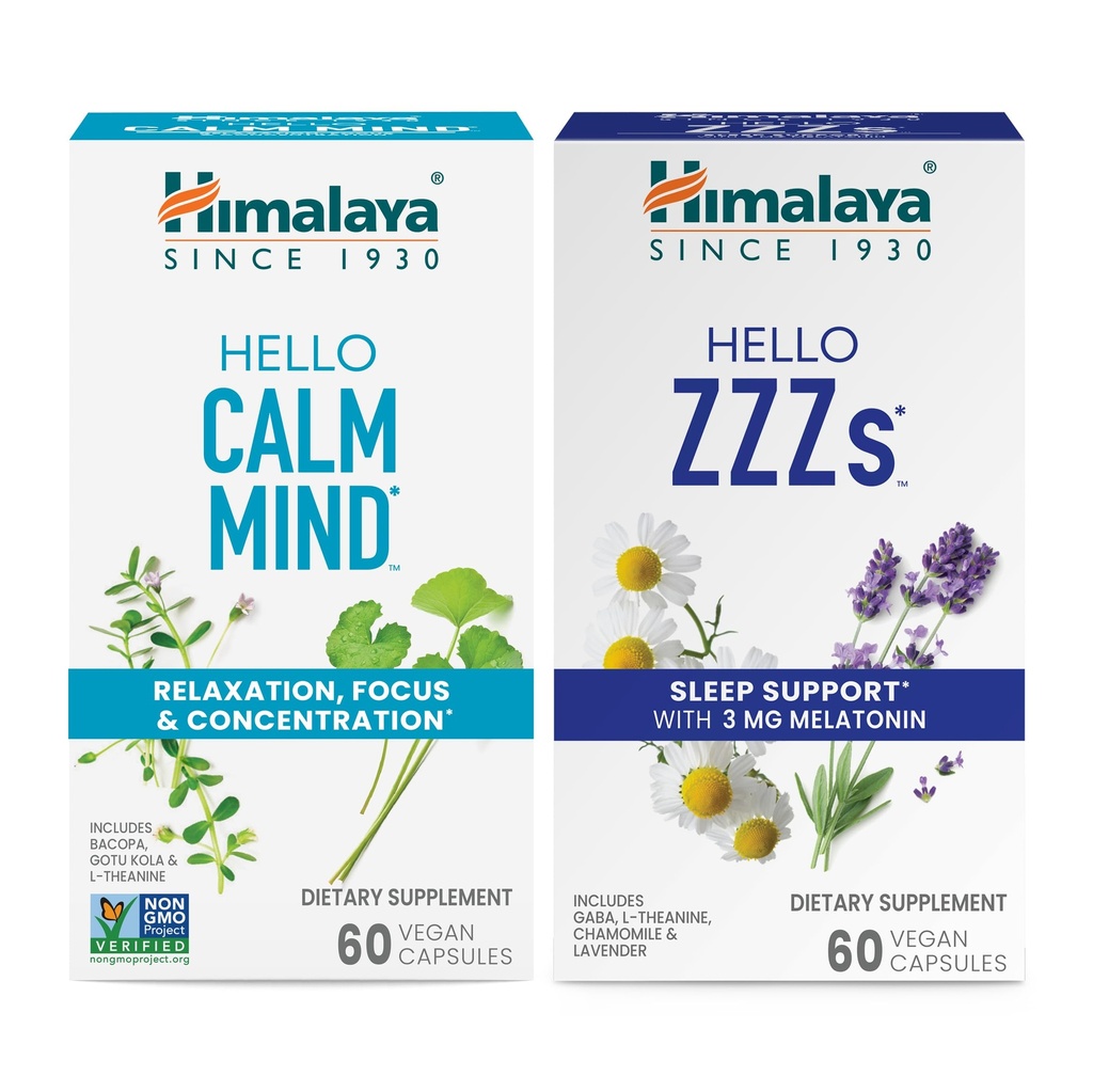 ההימלאיה Hello Calm Mind עם Bacopa להרגעה, פוקוס והתרחבות & Hello Zzzs עם מלטונין עבור תמיכה בשינה, 60 קפסולות כל אחד - Bundlele