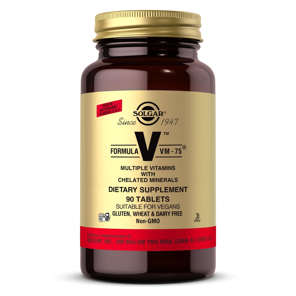 Solgar פורמולה VM-75, 90 טבליות - Multivitamin with Chelated מינרלים - ויטמין A, B6, B12, C, D, E - Biotin, Magnesium, Calcium, Iron, Zinc - טבעוני, Gluten חינם, חלב, חינם, כשר - 90 משרתים