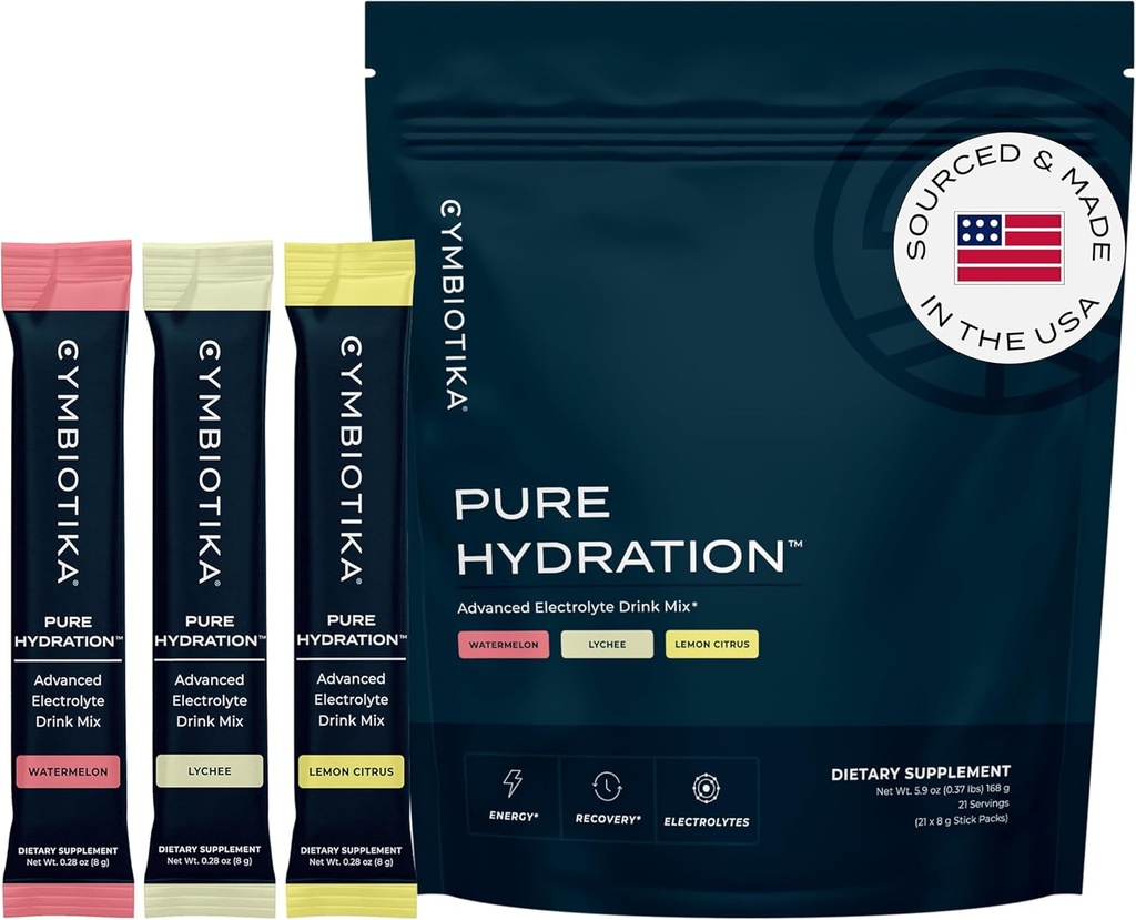 CYMBIOTIKA Pure hydrotion אבקת לשתות לערבב עם ויטמין C & Magnesium, Keto Friendly Electrolyte hydrotion Packets, Variety Pack, Lemon, Lychee & Watermelon, 7 כל אחד, 21 Stick Packets