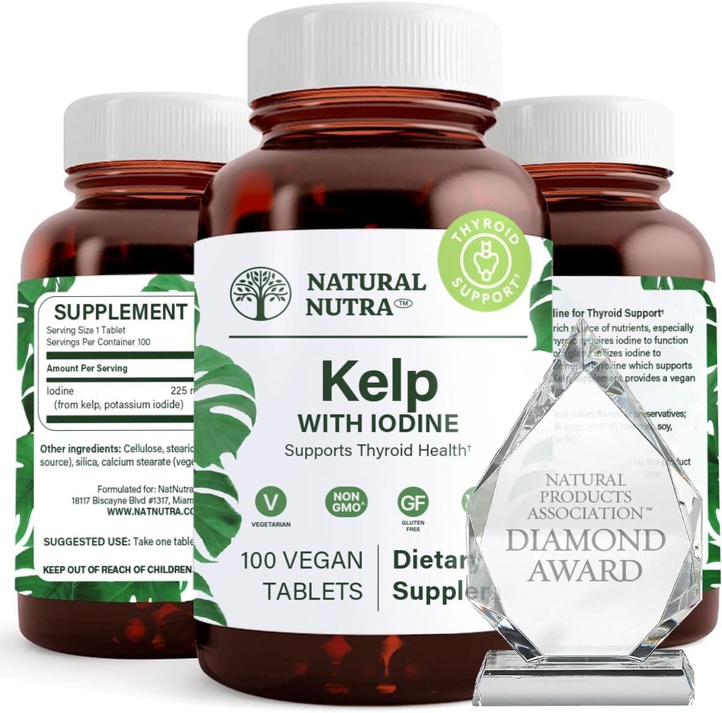 טבעי Nutra Kelp Iodine Thyroid תמיכה תוסף, חיזוק מערכת החיסון, ו Regulates Metabolism, ים טבעוני Kelp, Non GMO, Atlantic Sourced Seaweed Extract, 225 mcg, 100 טבליות