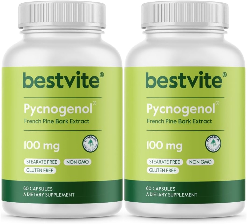 BestVITE Pycnogenol 100 מ"ג (120 קפסולות) (60x2) - תמצית פין ימית צרפתית - No Stearates - Gluten Free - Non GMO